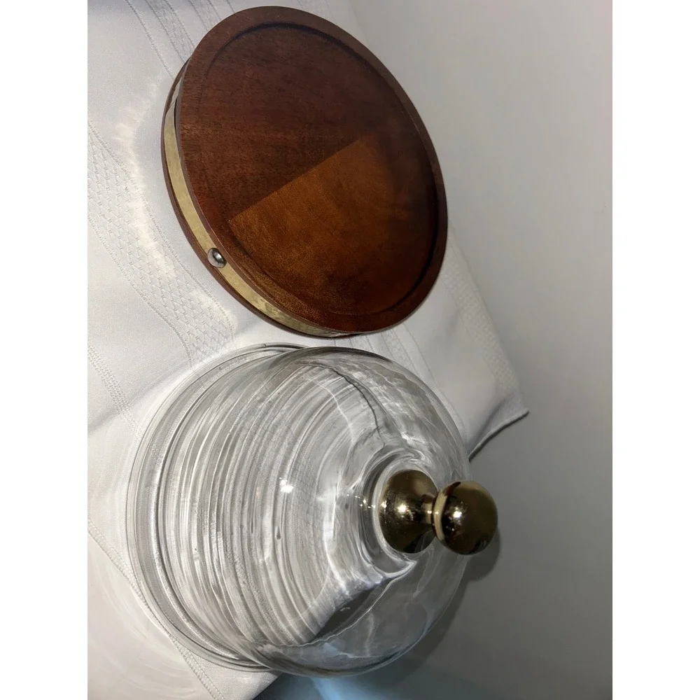 Glass Cloche Dome with Wood Base Brass Hammered Trim Small Cake Cheese Stand